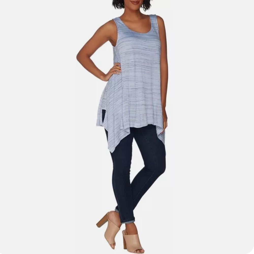 H by Halston Small Striped Scoop-Neck Handkerchief Hem Top